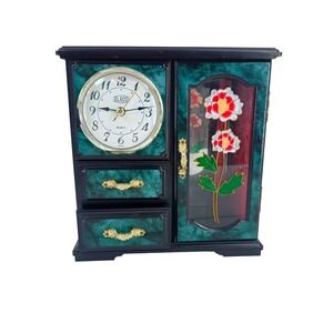 Vintage Eleco Musical Jewelry Box Quartz Clock Dancing Ballerina Floral Green